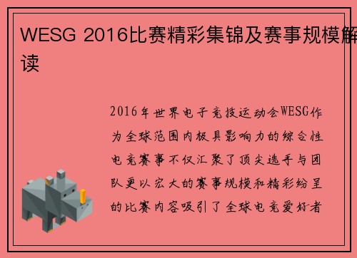 WESG 2016比赛精彩集锦及赛事规模解读