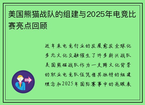 美国熊猫战队的组建与2025年电竞比赛亮点回顾